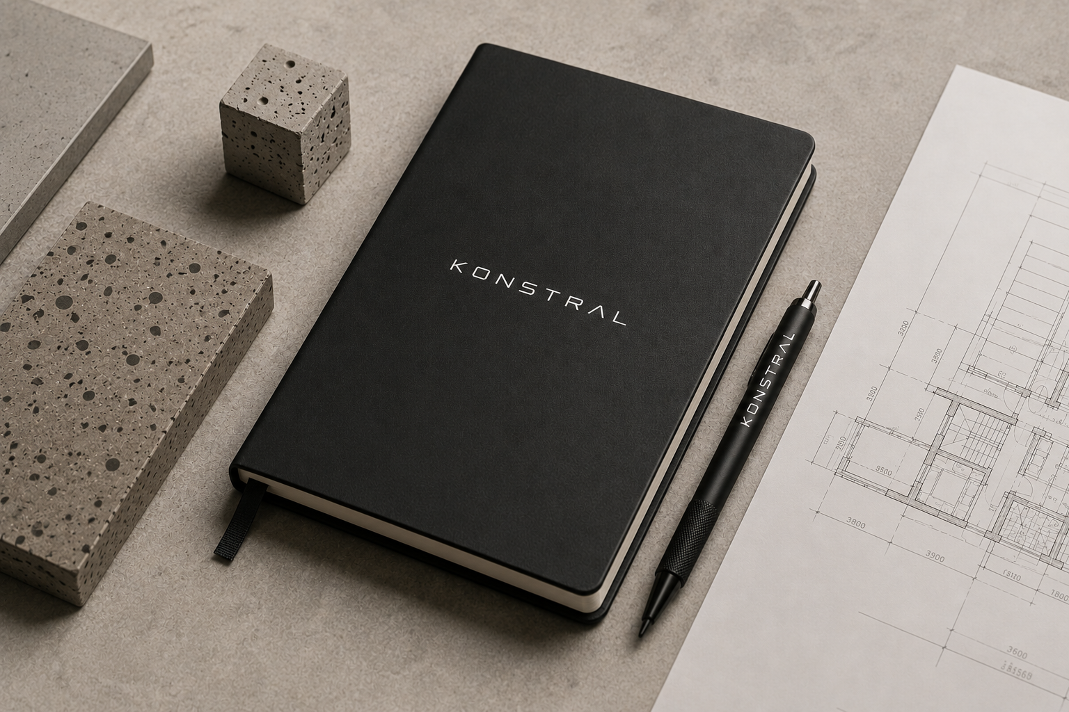 Konstral branded notebook, pen and architectural plans with premium concrete samples.